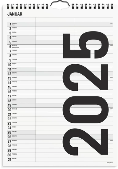 Familiekalender 2025 sort/hvid A4 2 kol 