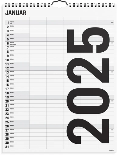 Familiekalender 2025 sort/hvid 5 kol