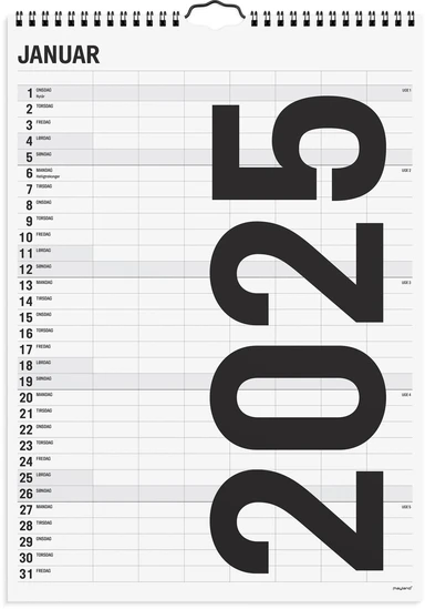 Familiekalender 2025 sort/hvid 7 kol