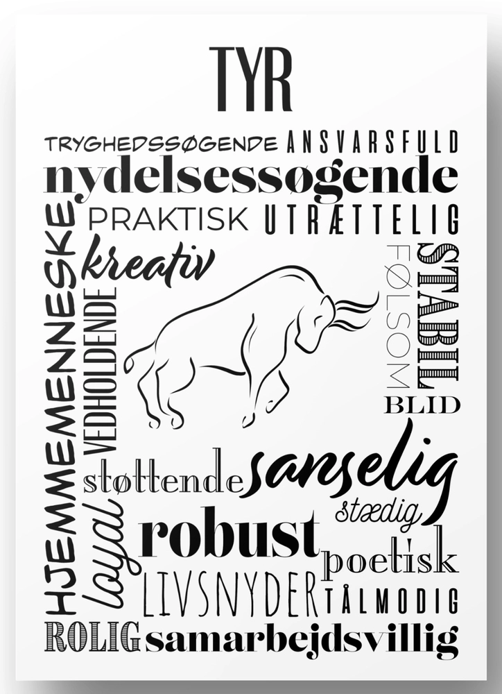 Plakat A4 Tyr Håndtegnet Stjernetegns Citat