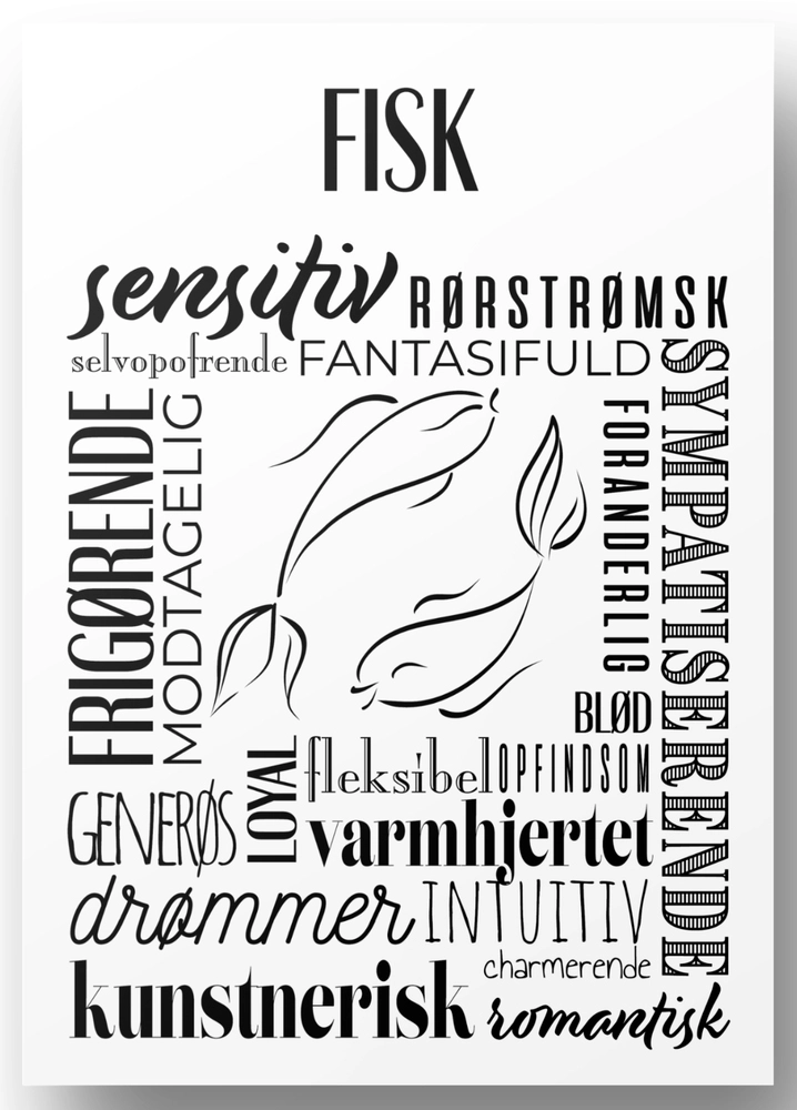 Plakat A4 Fisk Håndtegnet Stjernetegns Citat