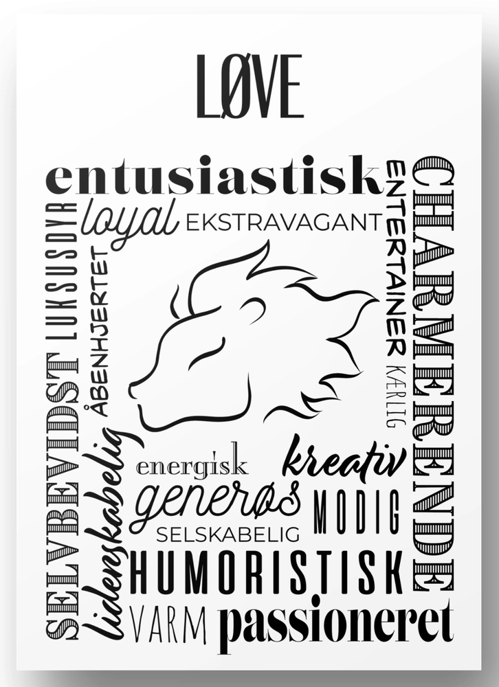 Plakat A4 Løve Håndtegnet Stjernetegns Citat