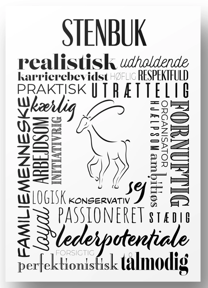 Plakat A4 Stenbuk Håndtegnet Stjernetegns Citat