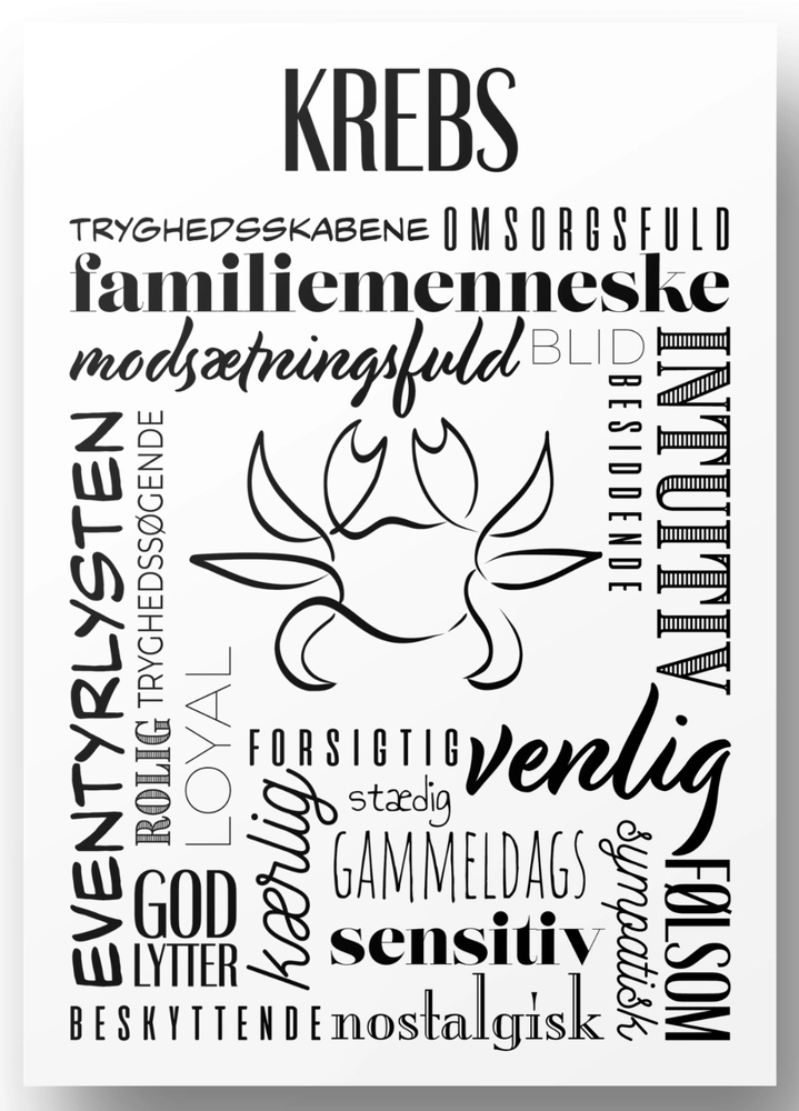 Plakat A4 Krebs Håndtegnet Stjernetegns Citat