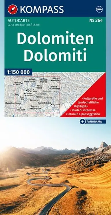 Dolomites - Dolomiten Road Map + Panorama Map
