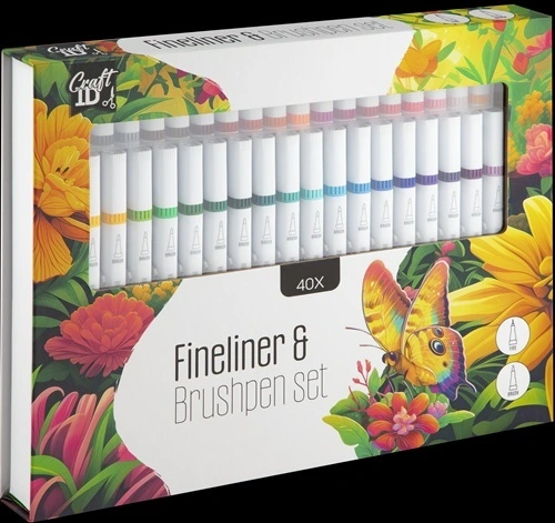 Fineliner & Brushpen sæt 40 stk. i papæske