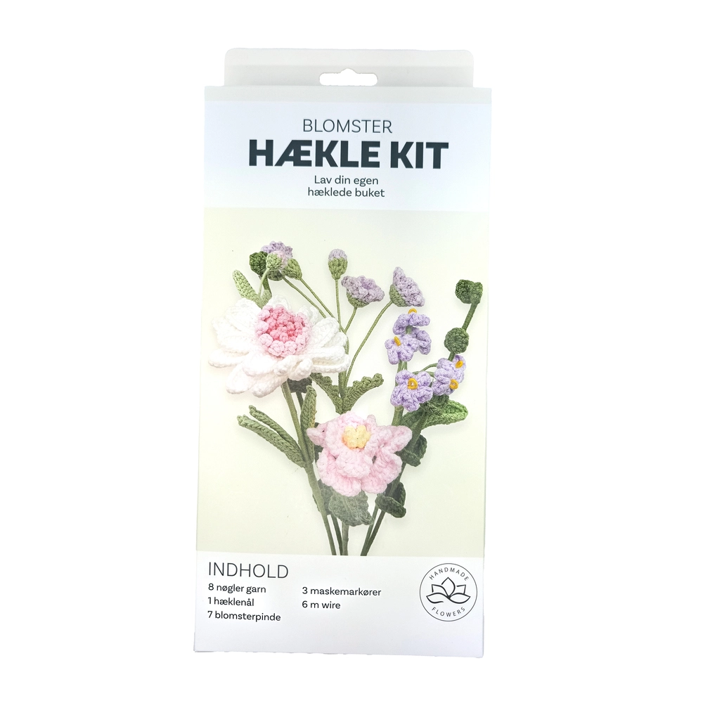 Hækle kit pastel blomster 6 stk i hvid, pink, lilla, grøn