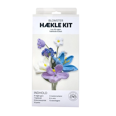 Hækle kit pastel blomster 6 stk i blå,lilla,hvid