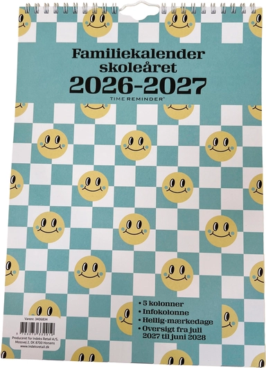 SKOLEFAMILIEKALENDER 2026/27 A4 SMILEY M/TERN I PASTELFARVER