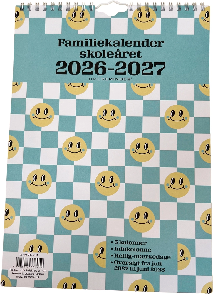 SKOLEFAMILIEKALENDER 2026/27 A4 SMILEY M/TERN I PASTELFARVER
