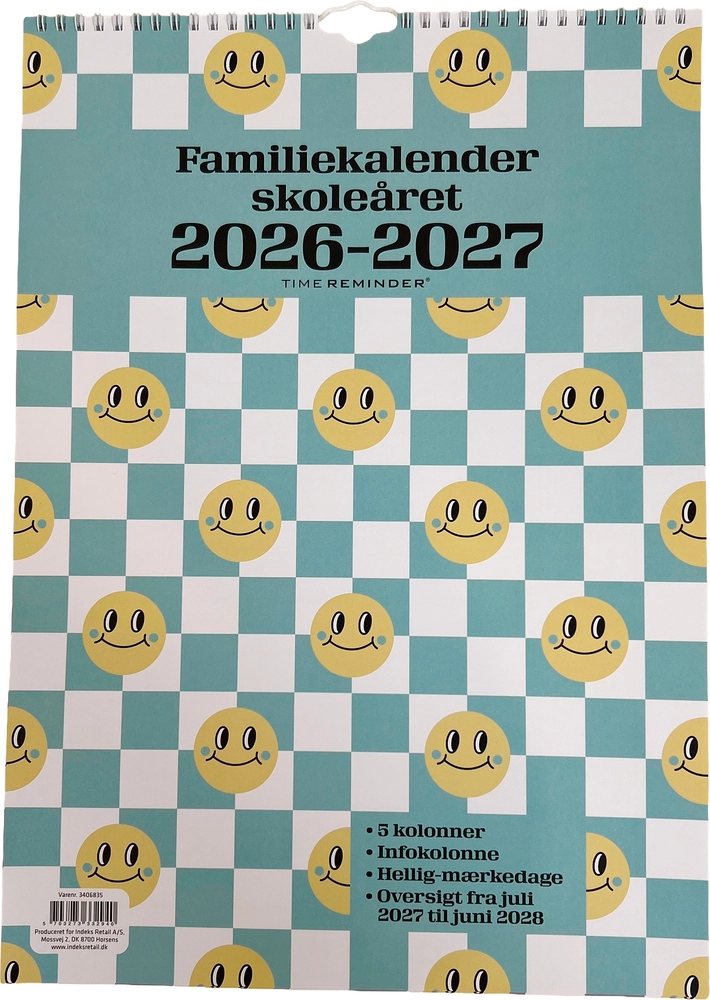 SKOLEFAMILIEKALENDER 2026/27 A3 SMILEY M/TERN I PASTELFARVER